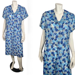 Vintage 1950s Blue & White Abstract Floral Rayon Chiffon Dress sz 24.5 Volup Plus