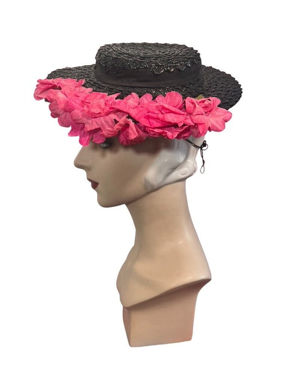 Vintage 30s to 40s Black Woven Tilt Hat w Fuchsia 