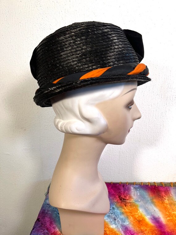 Antique 1910s Black Straw Toque Hat w Black & Ora… - image 2