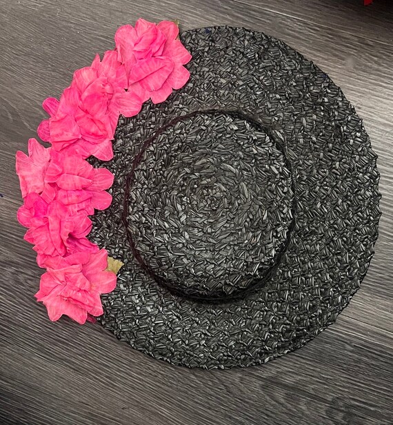 Vintage 30s to 40s Black Woven Tilt Hat W Fuchsia Flowers - Etsy