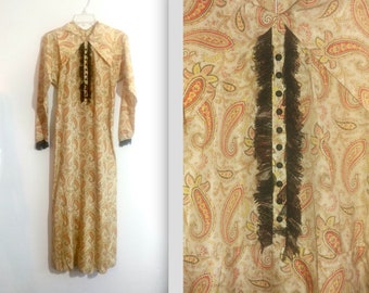 Vintage 1930s Deco Long Paisley Print Dress w Tulle Trim XS