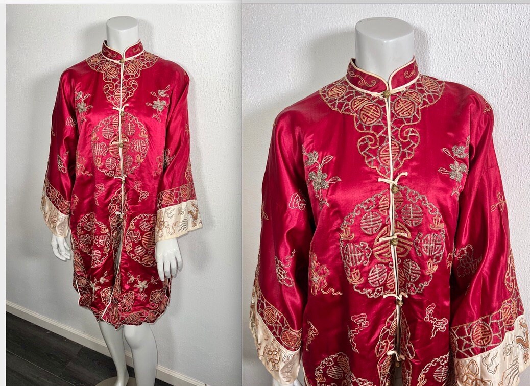 Lovely Antique Chinese Silk Robe Jacket W Metallic Embroidery Etsy