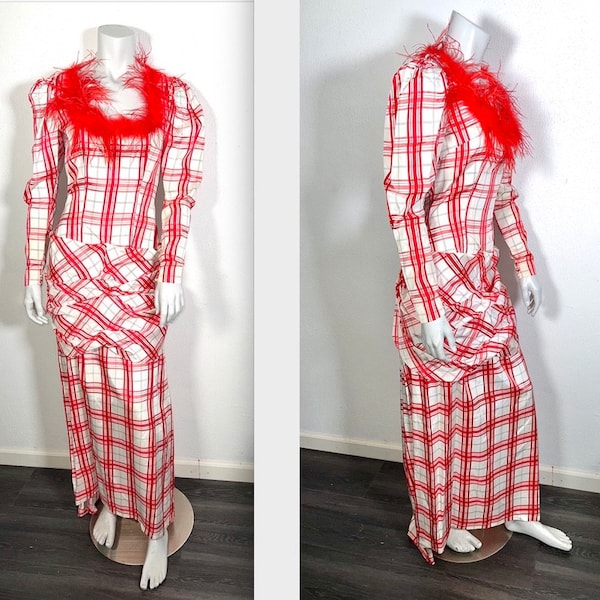 Peppermint Stick Red & White Silk Taffeta Peplum Button Back 30s 40s Dress