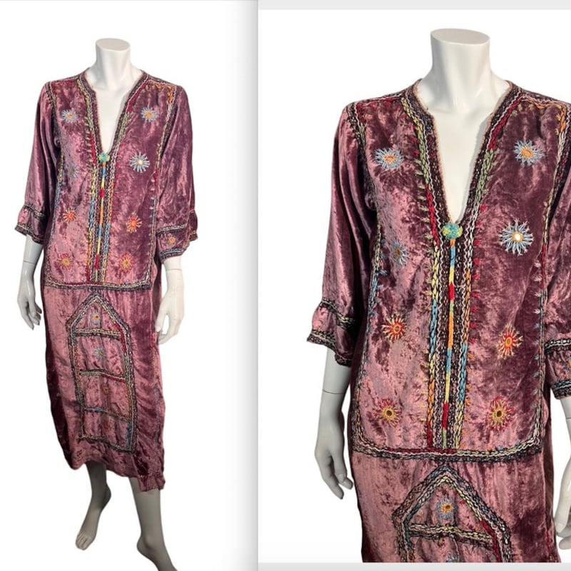 Vintage 60s Purple Hippie Dress, Embroidered Trim, 70s Bohemian Shift Dress M main image 0