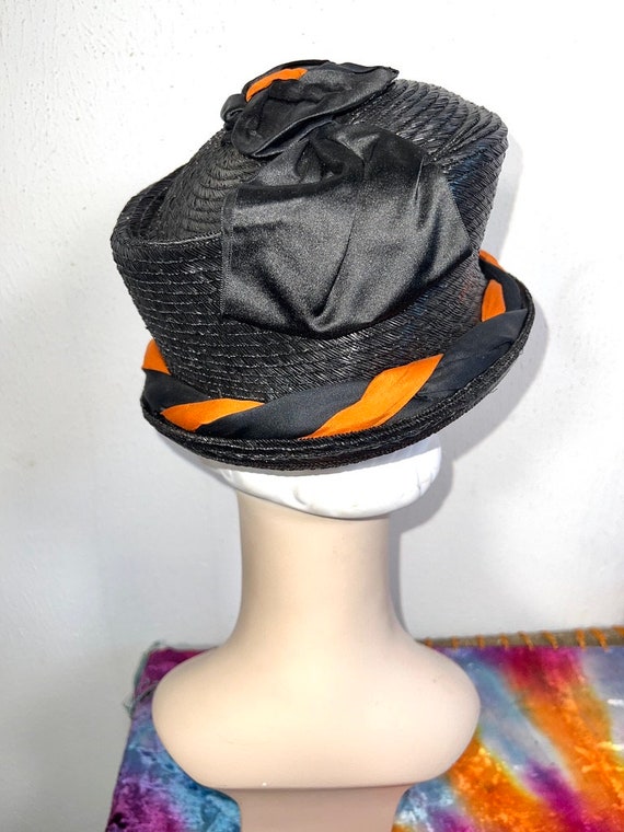 Antique 1910s Black Straw Toque Hat w Black & Ora… - image 6