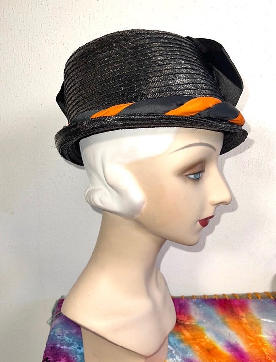 Antique 1910s Black Straw Toque Hat w Black & Ora… - image 1