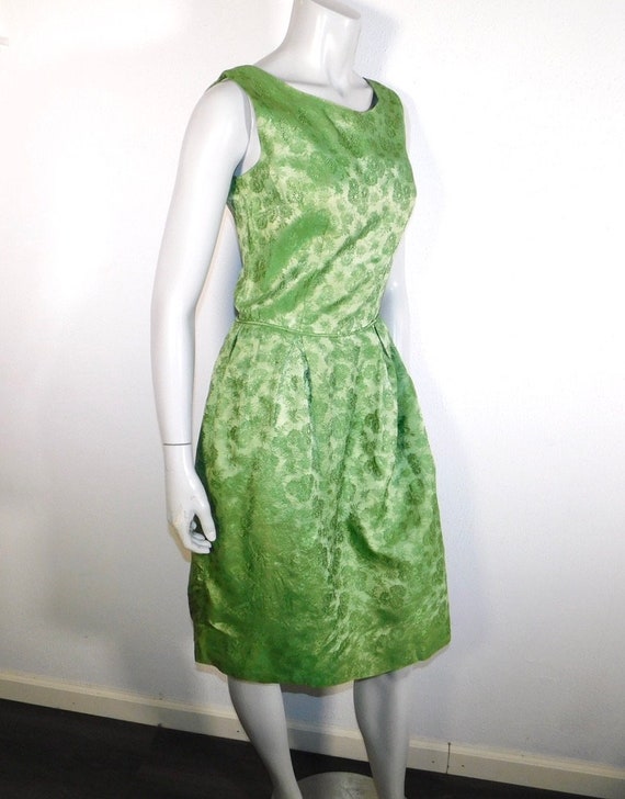 Vintage 1950s Mad Men Frosty Green Brocade Dress … - image 2