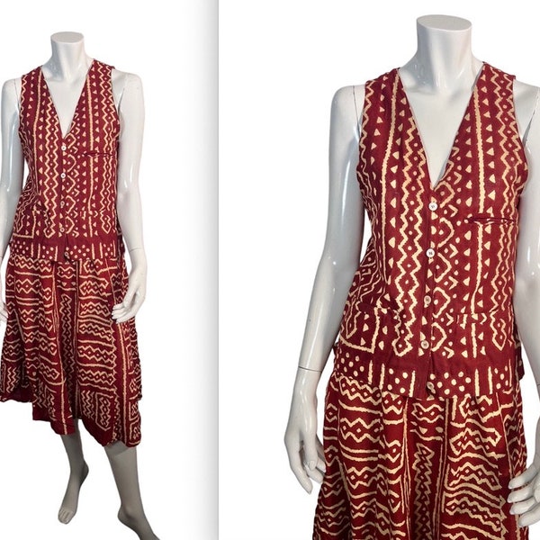 Vintage 70s to 80s MicMac San Tropez Tribal Print Vest & Skirt Set sz 38