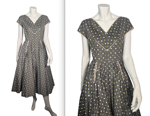 Cutest Vintage Early 1950s Jane Parker Juniors Fit & Flare Polka Dot Dress w Pockets XS S