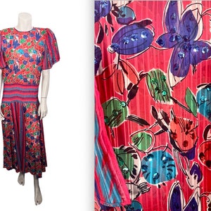 Vibrant Vintage 1980s Diane Freis Dress w Multicolored Sequins