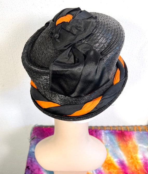 Antique 1910s Black Straw Toque Hat w Black & Ora… - image 5