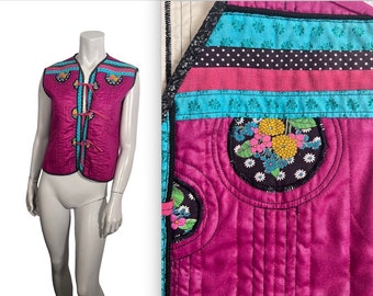 Vintage 70s Ladies Colorful & Groovy Quilted Vest with Ties 36 Bust
