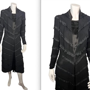 Mysterious Vintage 1930s Fringe Chevron Black Crepe Dress S M