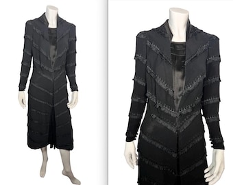 Mysterious Vintage 1930s Fringe Chevron Black Crepe Dress S M