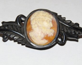 Rare Victorian Mourning Whitby Jet & Shell Brooch w Zeus Cameo