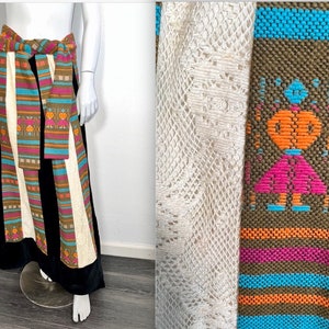Vintage 1970s Chessa Davis Rich Hippie Lace & Tapestry Maxi Skirt w Belt