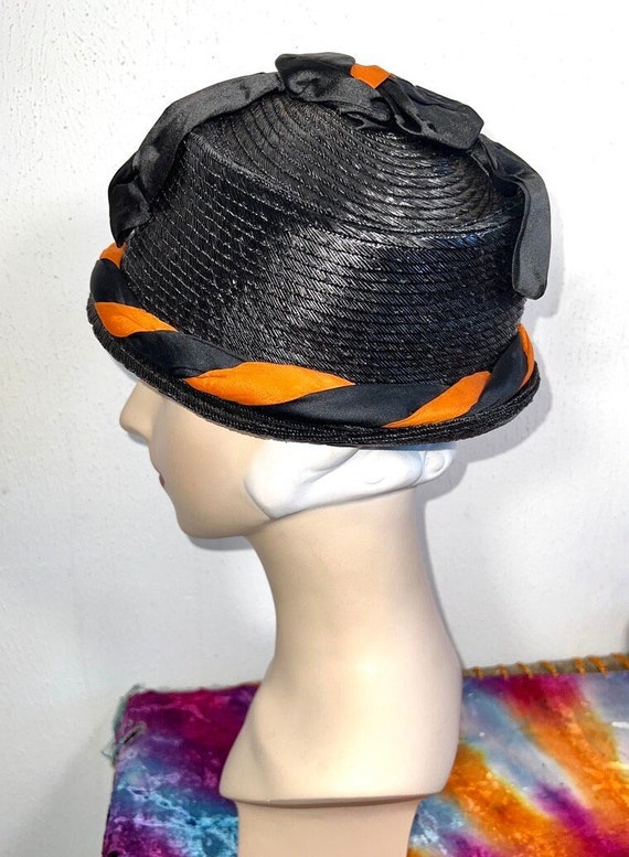 Antique 1910s Black Straw Toque Hat w Black & Ora… - image 4