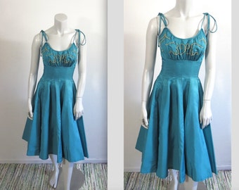 Vintage 1950s Elaine Terry Teal Blue Ballgown w Pearl Bodice