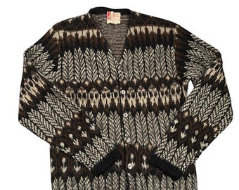 Cardigan vintage da uomo con motivo a pelo lungo e peloso, stile Revere University Row, anni '50 e '60, taglia L