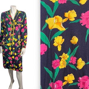 Vintage 80s Robert Janan by Eva Bright Floral Jersey Dress w Gold Buttons 12