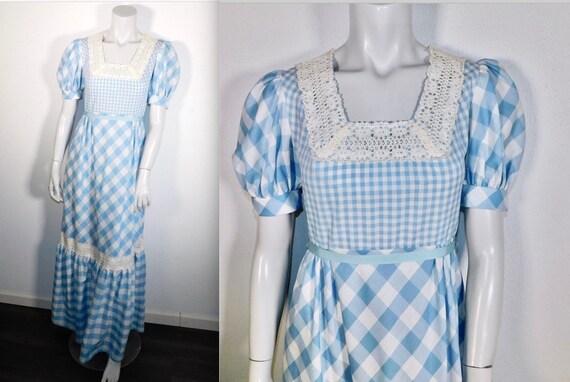 Vintage 70s Blue Gingham Cottagecore Prairie Maxi