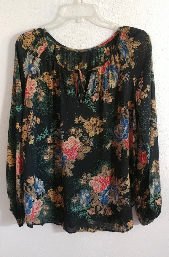 Boho Vintage 1970s Floral Rayon Peasant Blouse L - image 5