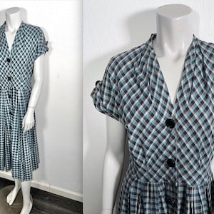 Vintage 1940s to 1950s Black & Blue Plaid Cotton Day Dress