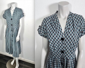 Vestido de día vintage de algodón a cuadros negros y azules de los años 1940 a 1950