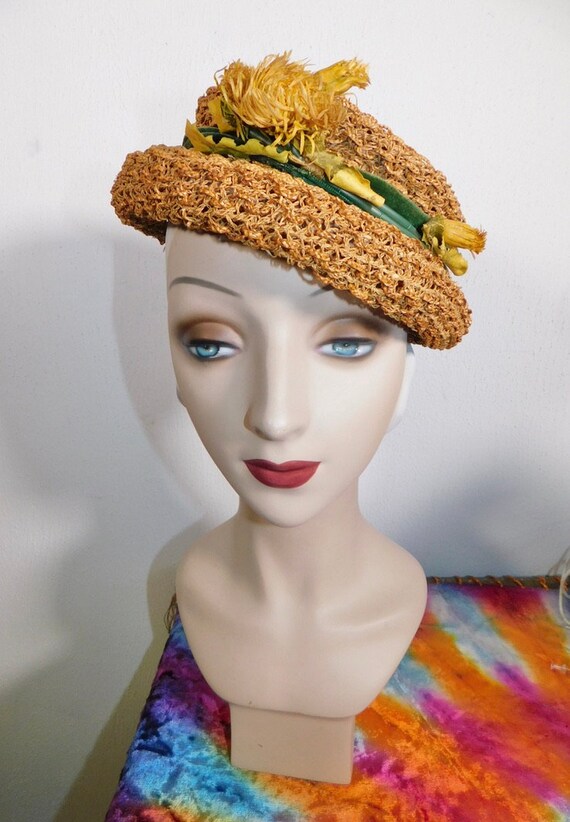 Cute Vintage 30s 40s Woven Raffia Straw Hat w Dan… - image 3