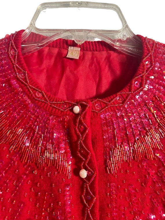 HTF Vintage 60s Beaded Cardigan Sweater in Red XL… - image 5