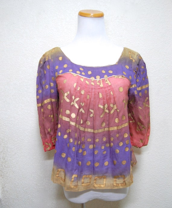 Rare Vintage 70s Painted Gauze Ombre Shaded Hippie