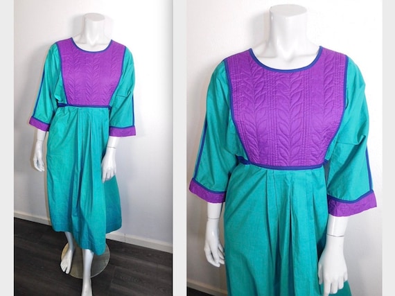 Vintage 70s/80s Trapunto Quilted Purple & Teal Co… - image 1