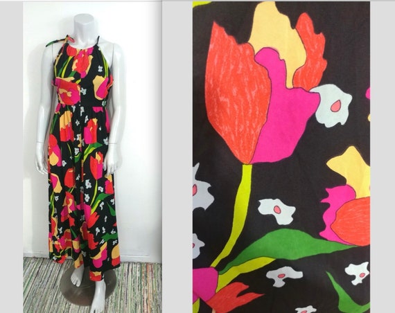 Vintage Late 60s I Magnin Groovy Mod Halter Maxi D