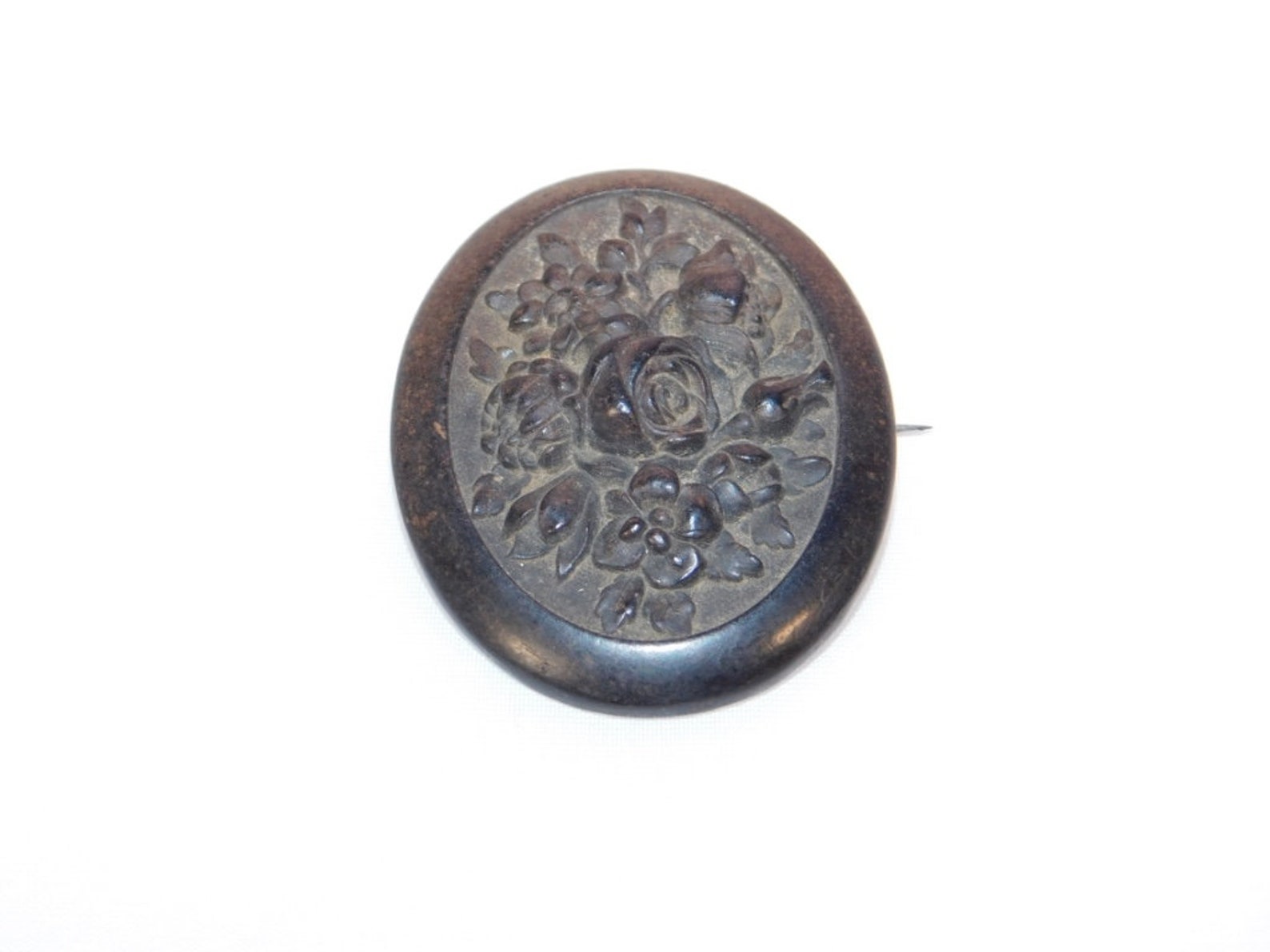 Victorian Gutta Percha Mourning Brooch W Floral Rose Design Etsy