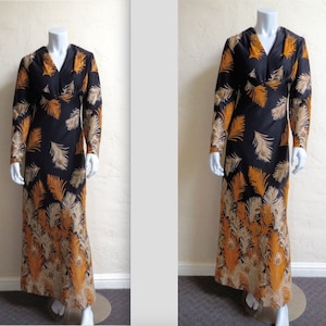 Fabulous 60s 70s Saks Fifth Avenue Beaded Peacock Feather Print Maxi Dress L