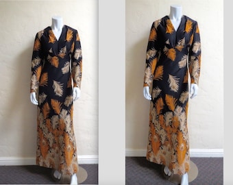 Fabulous 60s 70s Saks Fifth Avenue Beaded Peacock Feather Print Maxi Dress L