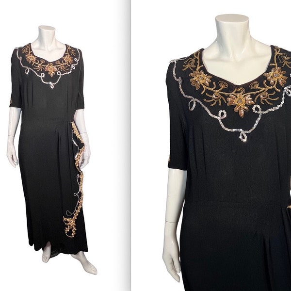 Amazing Late 30s Black Rayon Sequin & RicRac Trimmed Long Evening Gown Volup Plus 42 Bust