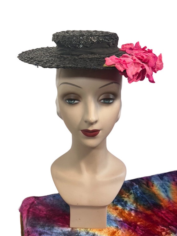 Vintage 30s to 40s Black Woven Tilt Hat W Fuchsia Flowers - Etsy display picture 1