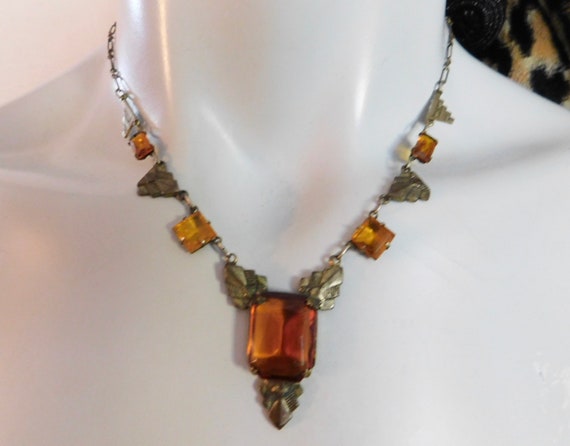 Lovely Vintage 1920s Art Deco Brass & Glass Neckl… - image 1