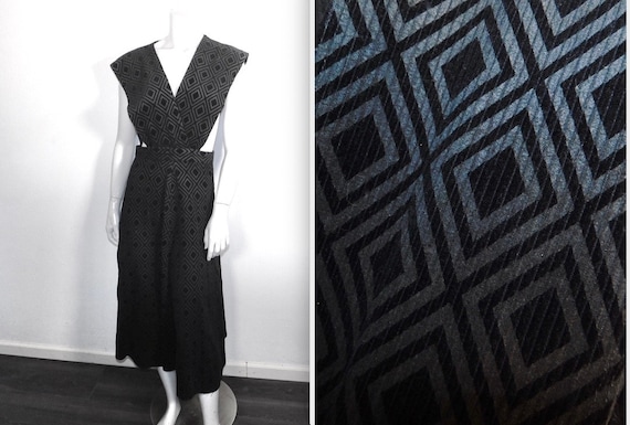 Vintage 40s 50s Geometric Corduroy Pinafore Dress - image 1