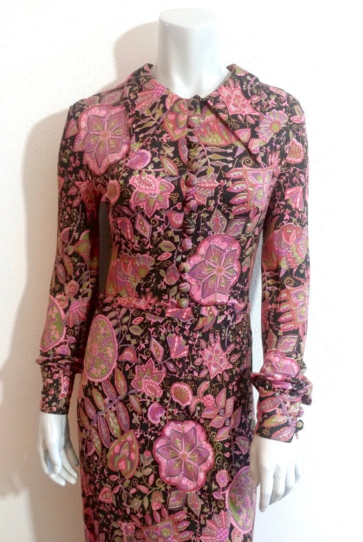 Gorgeous Early 70s Pink & Black Floral Maxi Dress - Etsy