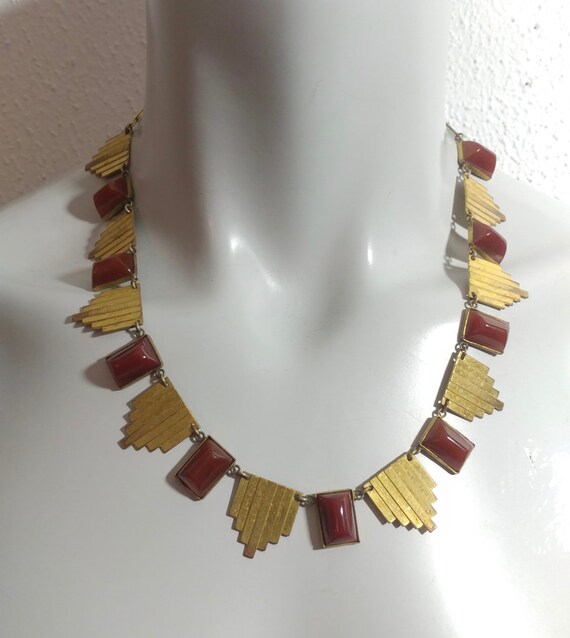 Vintage 1920s Art Deco Brass & Carnelian Glass Ne… - image 2