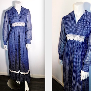 Vintage 70s CottageCore Navy Polka Dot Maxi Dress w Sheer Sleeves