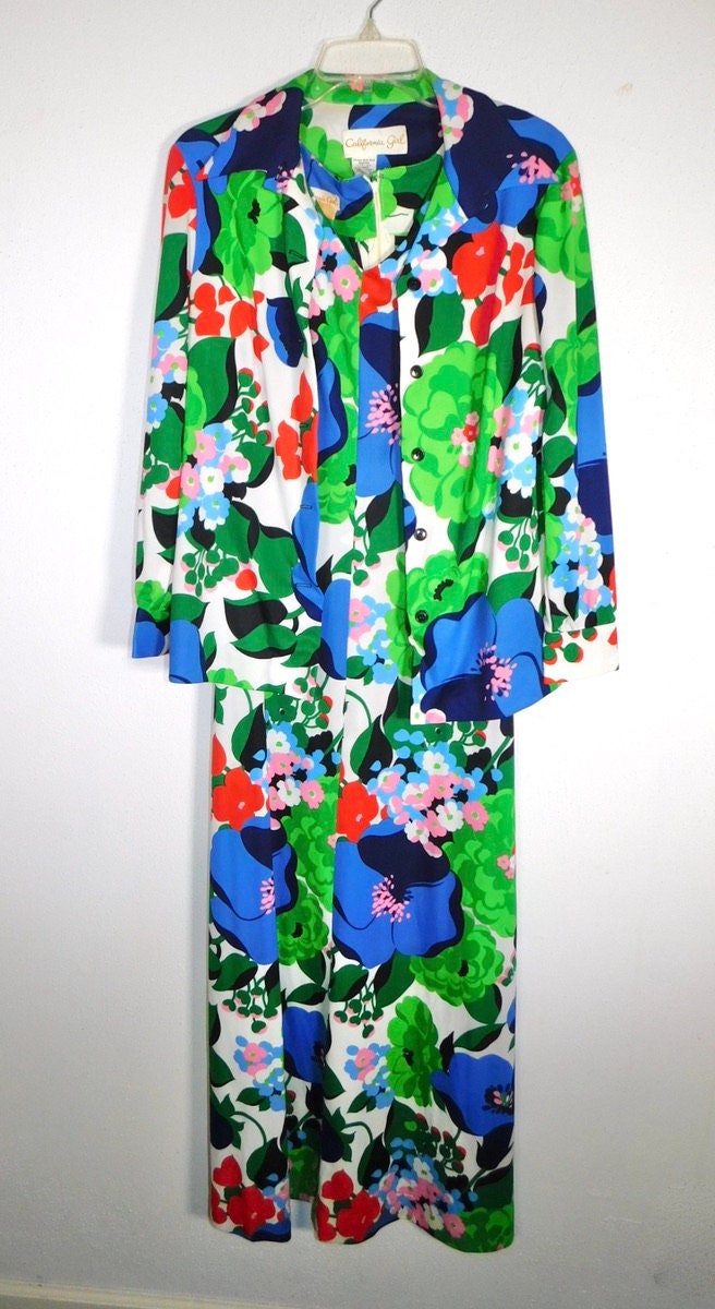Vintage 1970s Bright Floral Maxi Dress & Jacket by California | Etsy