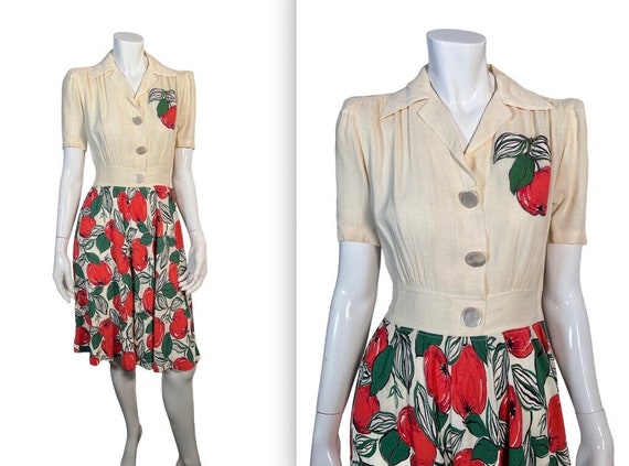 Cutest Vintage 1930s Apple Dress w Mother of Pear… - image 1