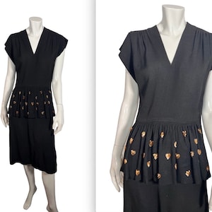 Darling Vintage 1940s Rayon Dress w Heart Shaped Sequined Peplum