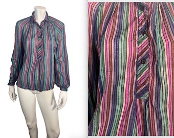 Vintage 1970s Just Class Lurex Thread India Striped Cotton Blouse S M
