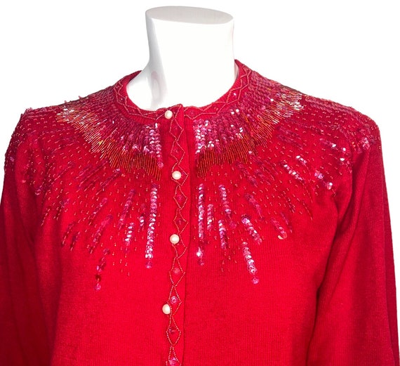 HTF Vintage 60s Beaded Cardigan Sweater in Red XL… - image 9