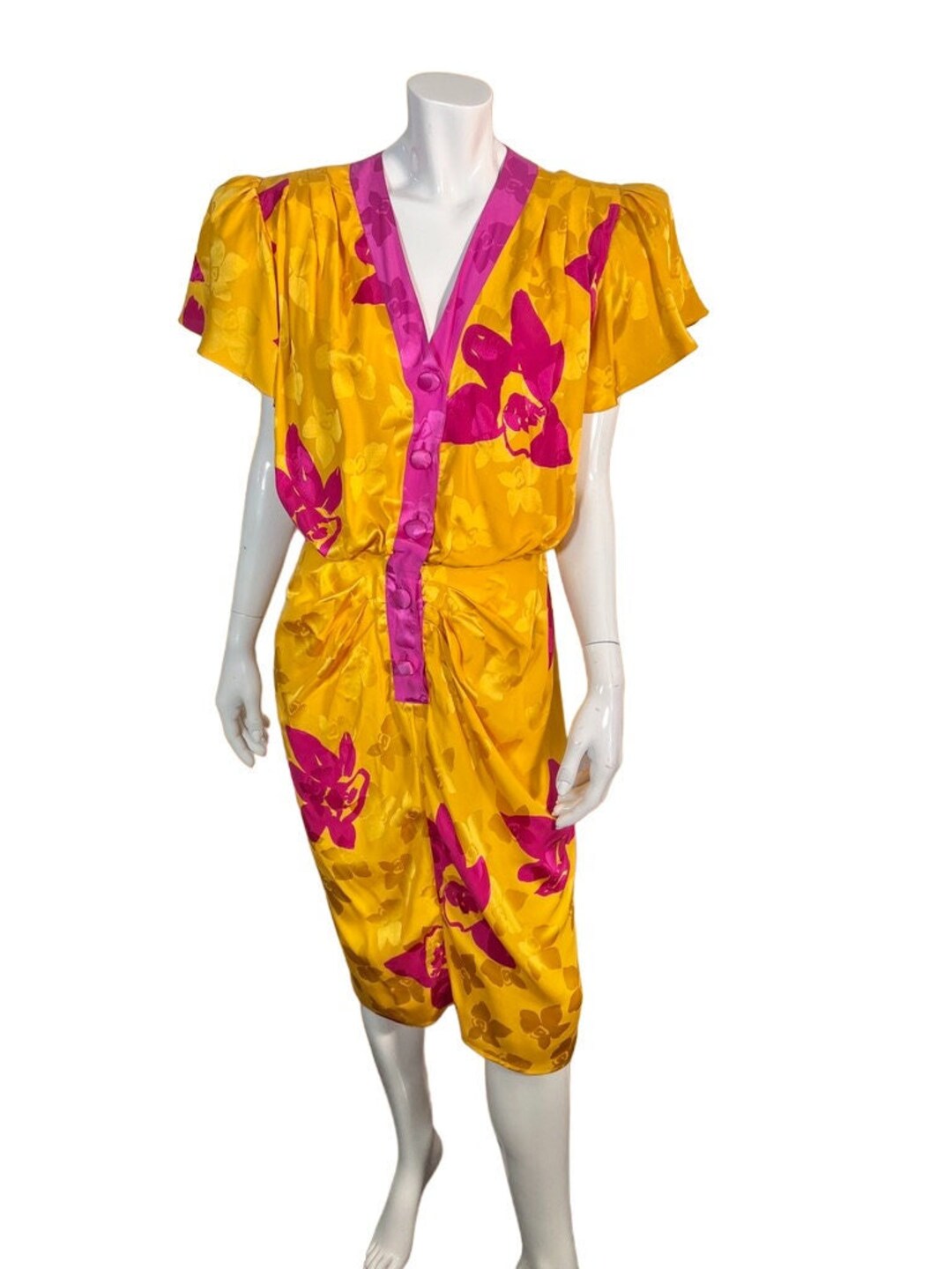 Buy Vintage 1980s Flora Kung Bright Colorful Big Shouldered Silk Dress Sz  10 Online in India