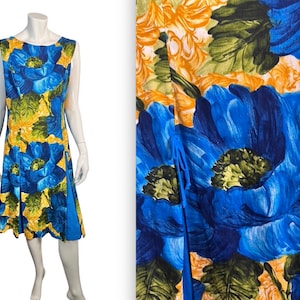 Vintage 60s Blue Floral Hawaiian Print Shift Dress sz 18 Volup Plus
